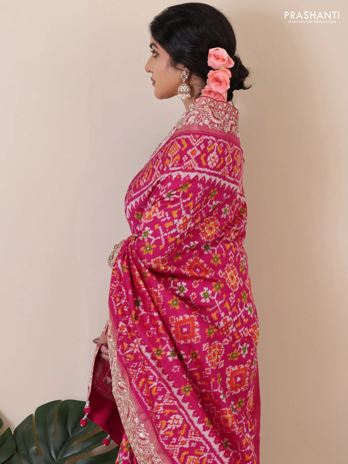 Pink Pochampally silk saree with allover ikat weaves and Embroidered border - Image 3