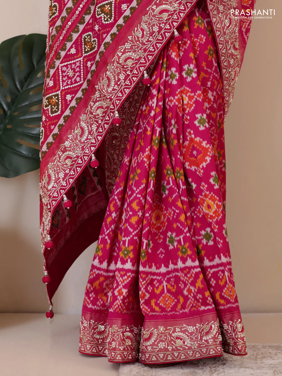 Pink Pochampally silk saree with allover ikat weaves and Embroidered border - Image 4