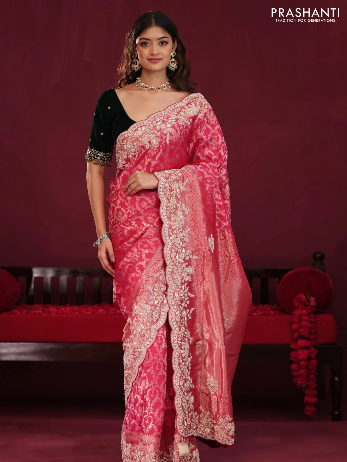 Pink Pure kanchipuram silk saree with allover brocade zari weaves & border embroidery - Image 2