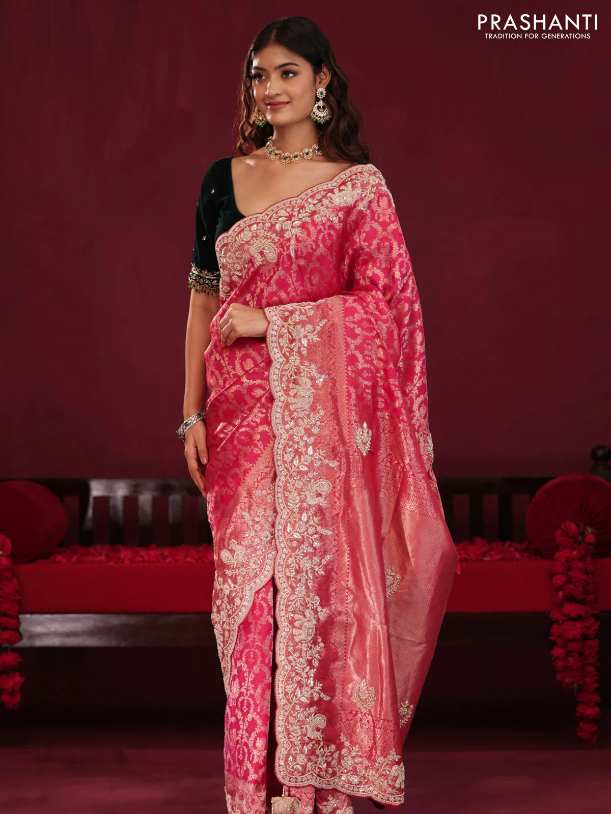 Pink Pure kanchipuram silk saree with allover brocade zari weaves & border embroidery - Image 3