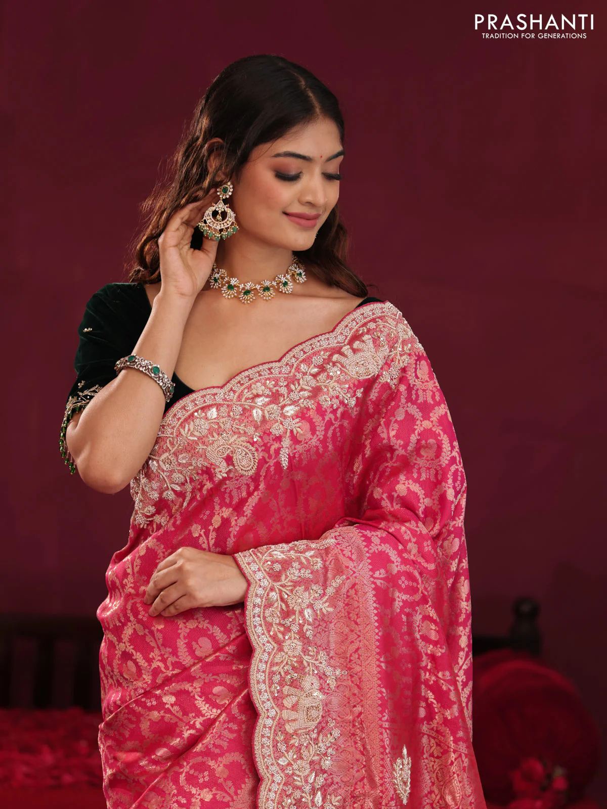Pink Pure kanchipuram silk saree with allover brocade zari weaves & border embroidery - Image 4