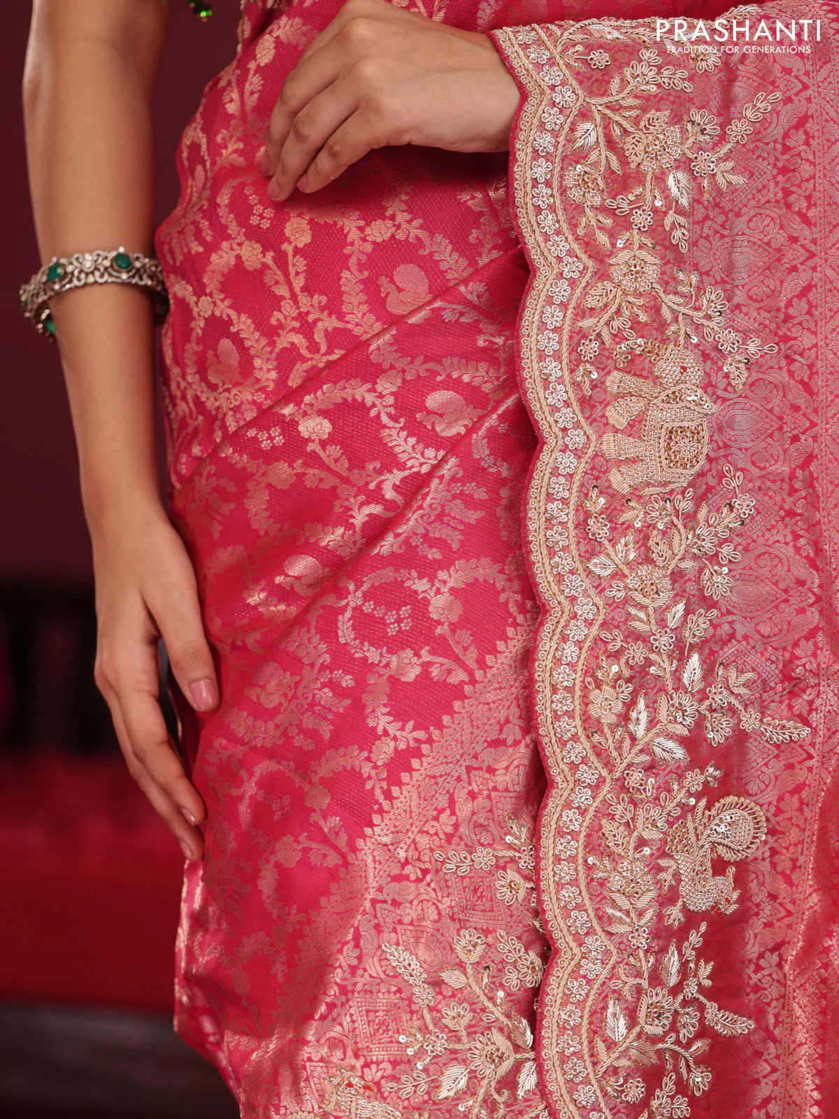 Pink Pure kanchipuram silk saree with allover brocade zari weaves & border embroidery - Image 5