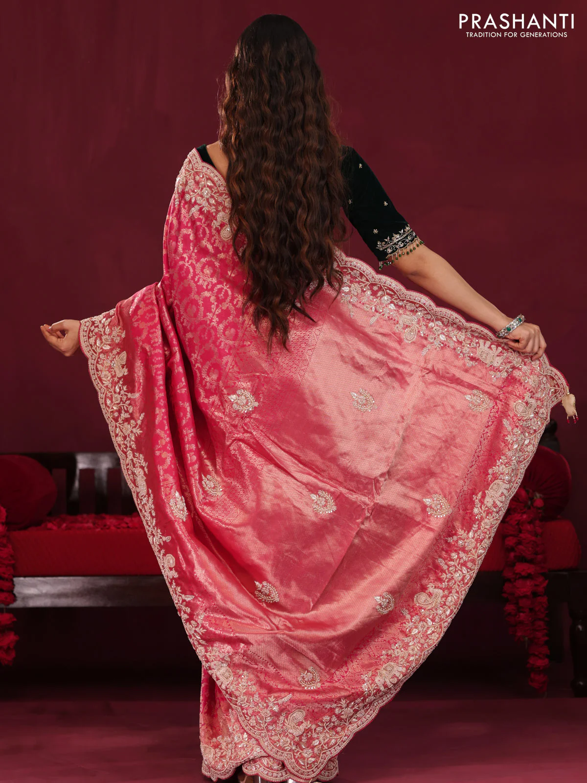Pink Pure kanchipuram silk saree with allover brocade zari weaves & border embroidery - Image 6