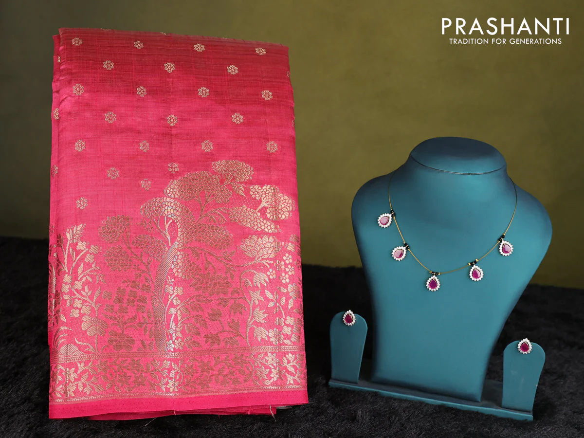 Pink raw silk saree with matching Neck piece