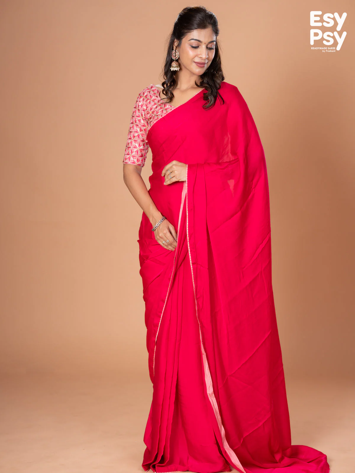 Pink Satin Crepe readymade saree with readymade brocade blouse - Image 2