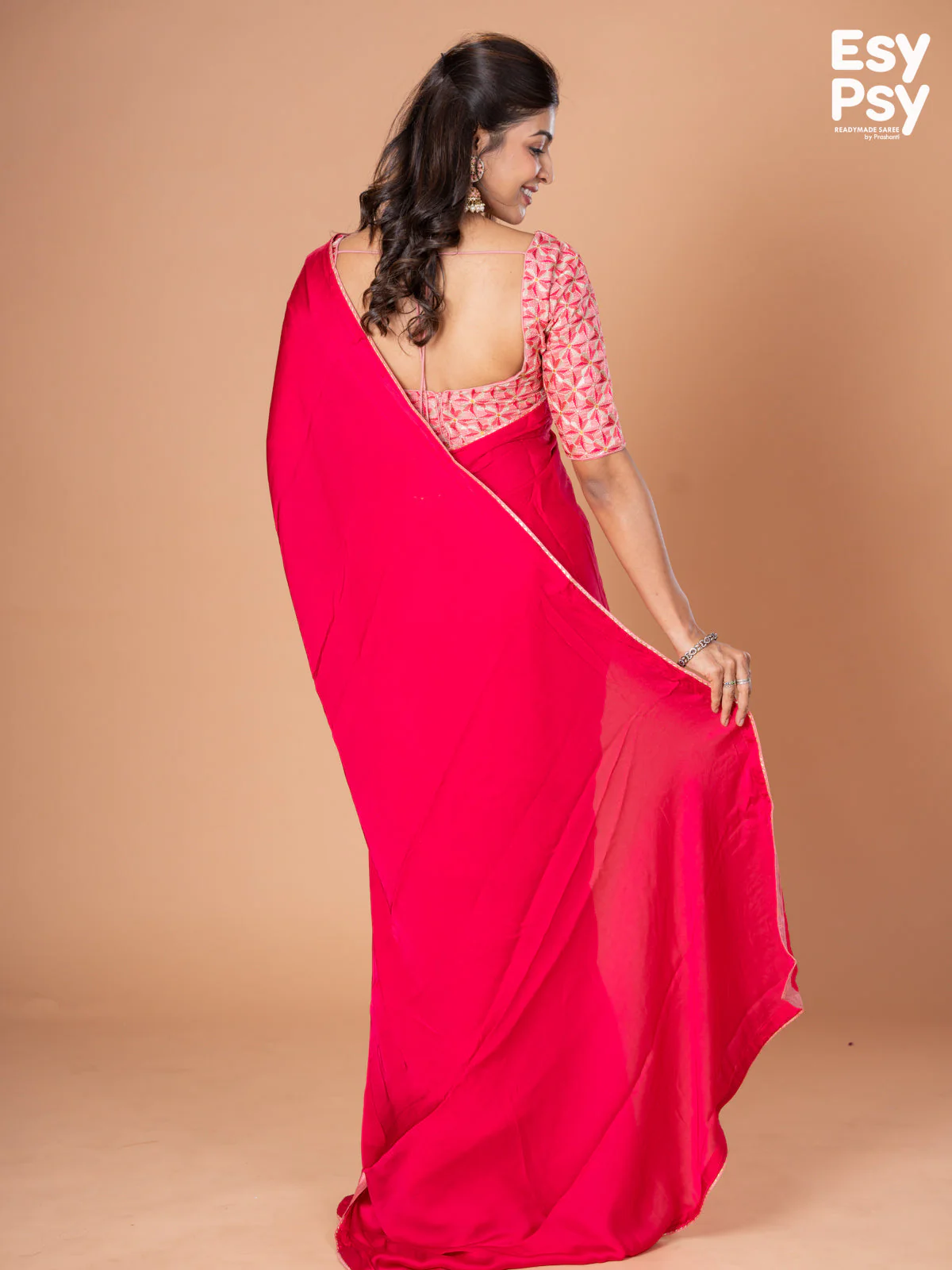 Pink Satin Crepe readymade saree with readymade brocade blouse - Image 3