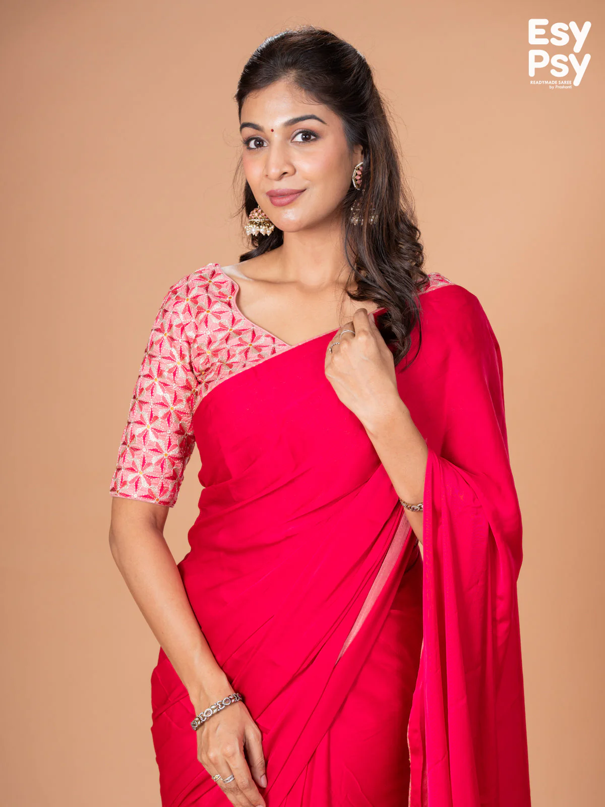 Pink Satin Crepe readymade saree with readymade brocade blouse - Image 4