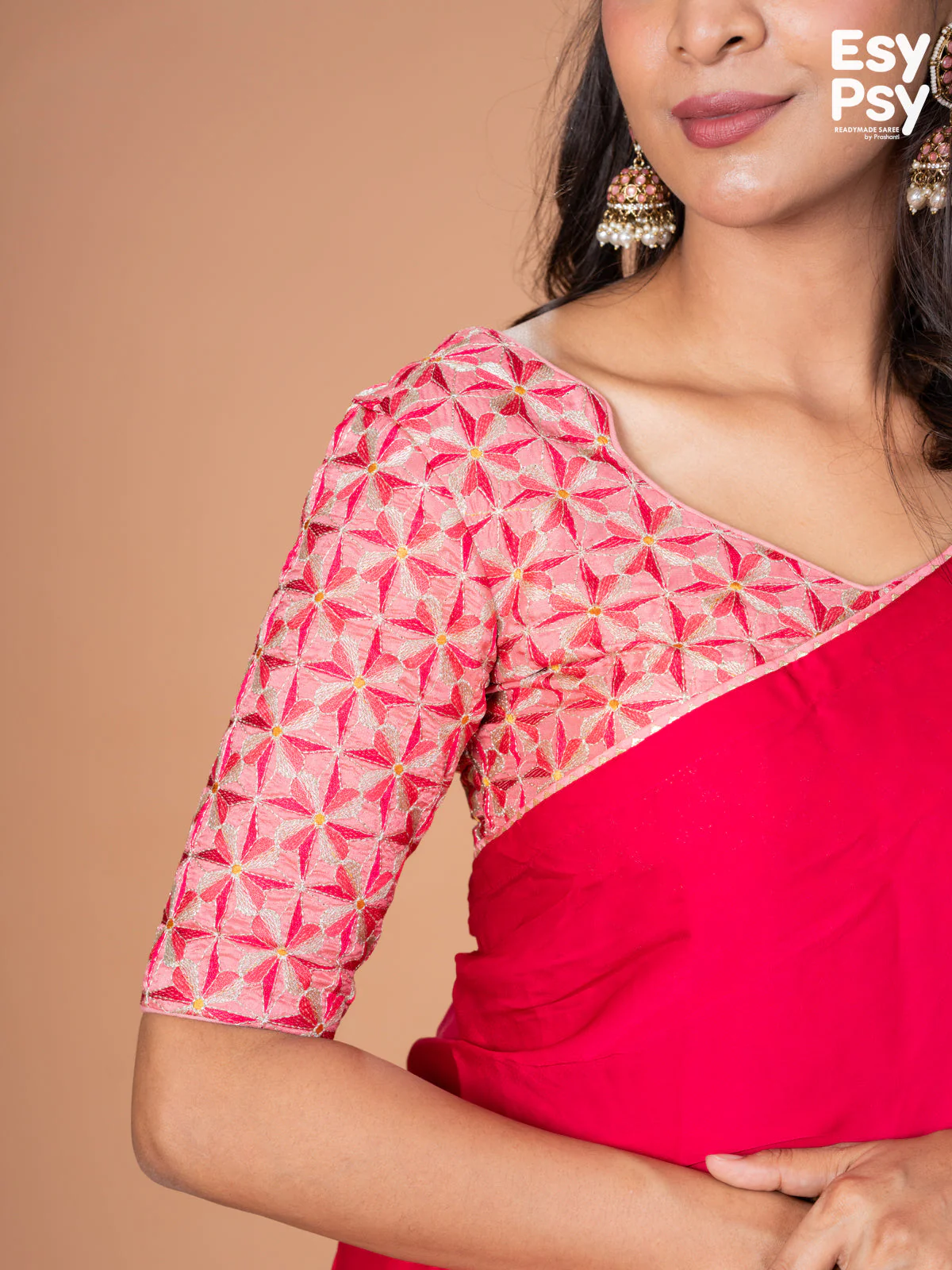 Pink Satin Crepe readymade saree with readymade brocade blouse - Image 5