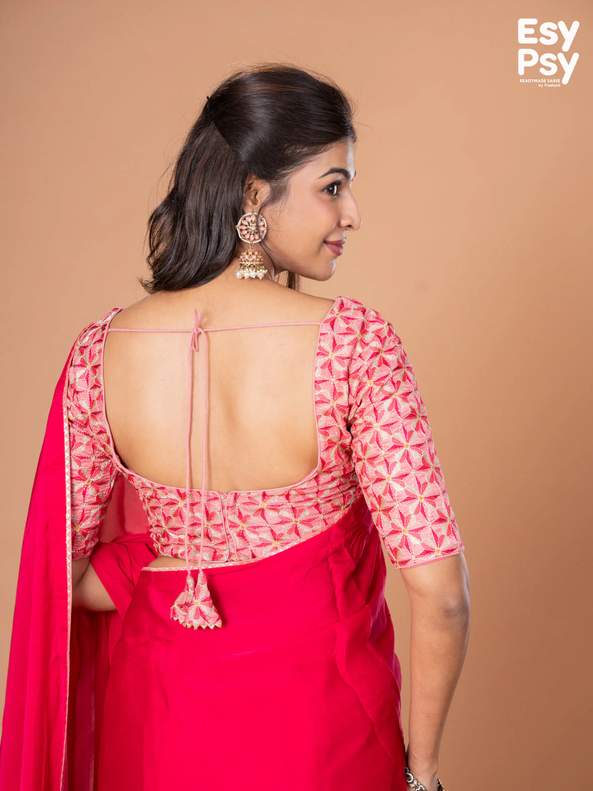 Pink Satin Crepe readymade saree with readymade brocade blouse - Image 6