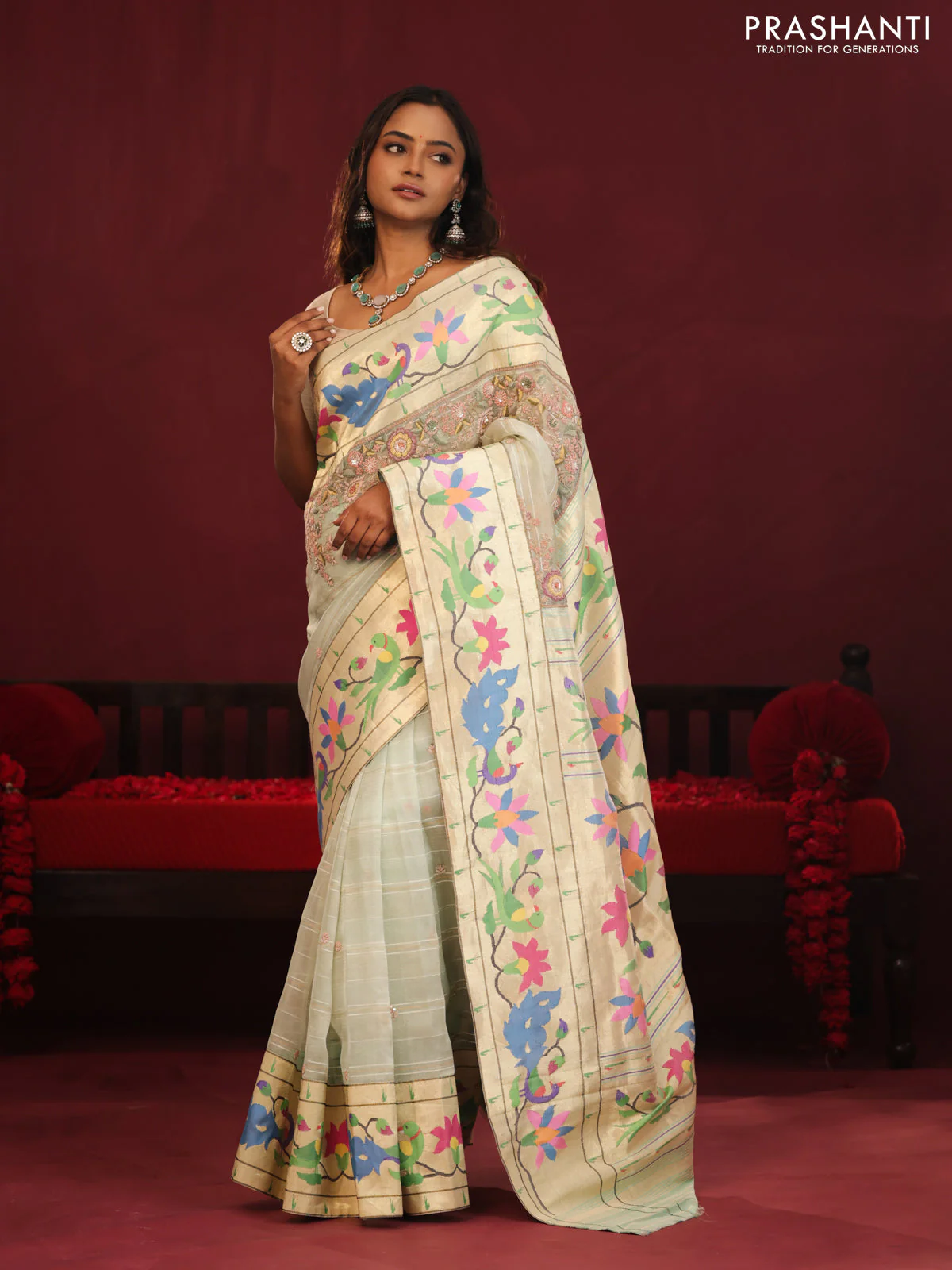 Pista green banarasi organza silk saree with paithani style border & embroidery - Image 2