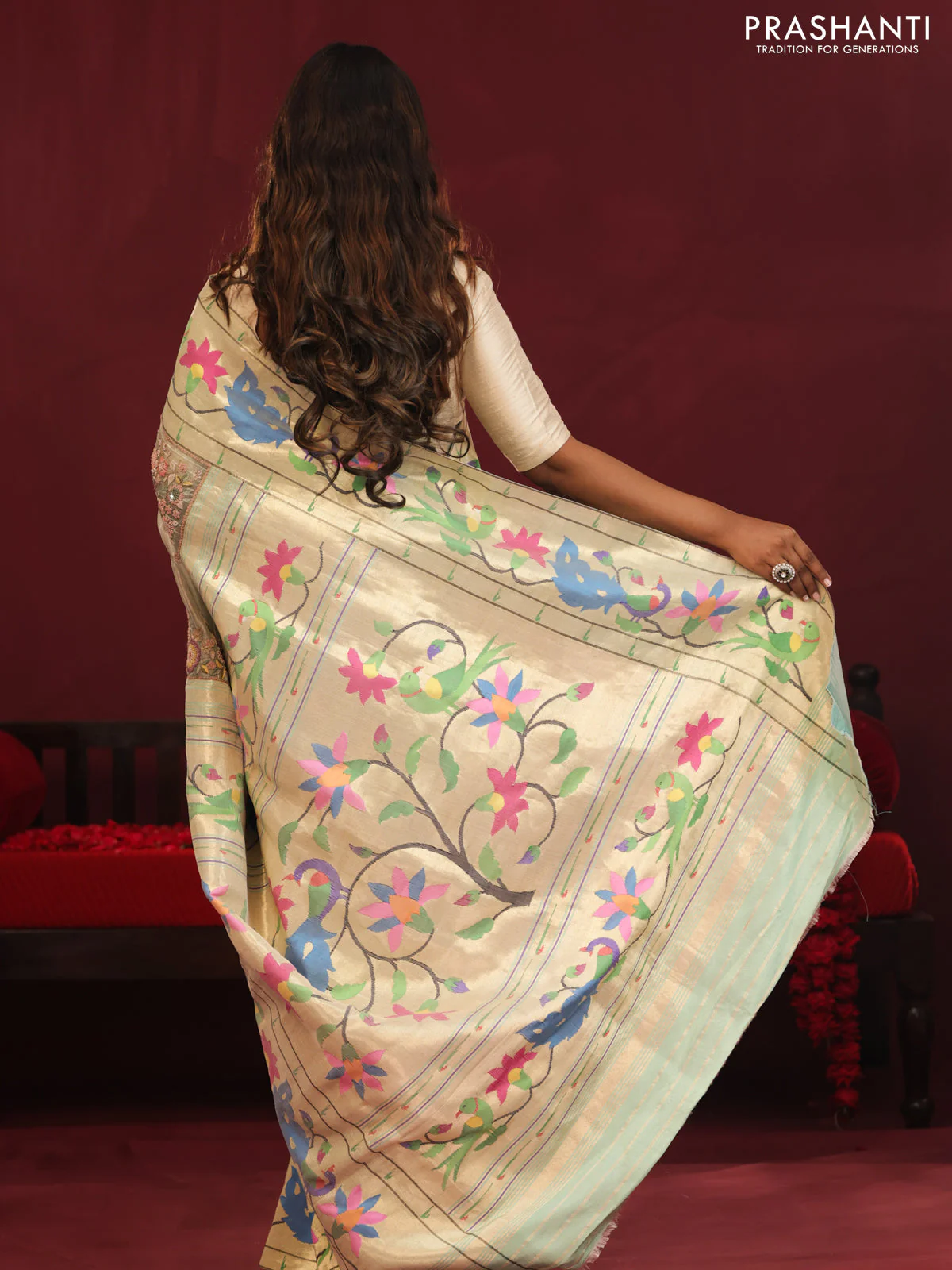 Pista green banarasi organza silk saree with paithani style border & embroidery - Image 4