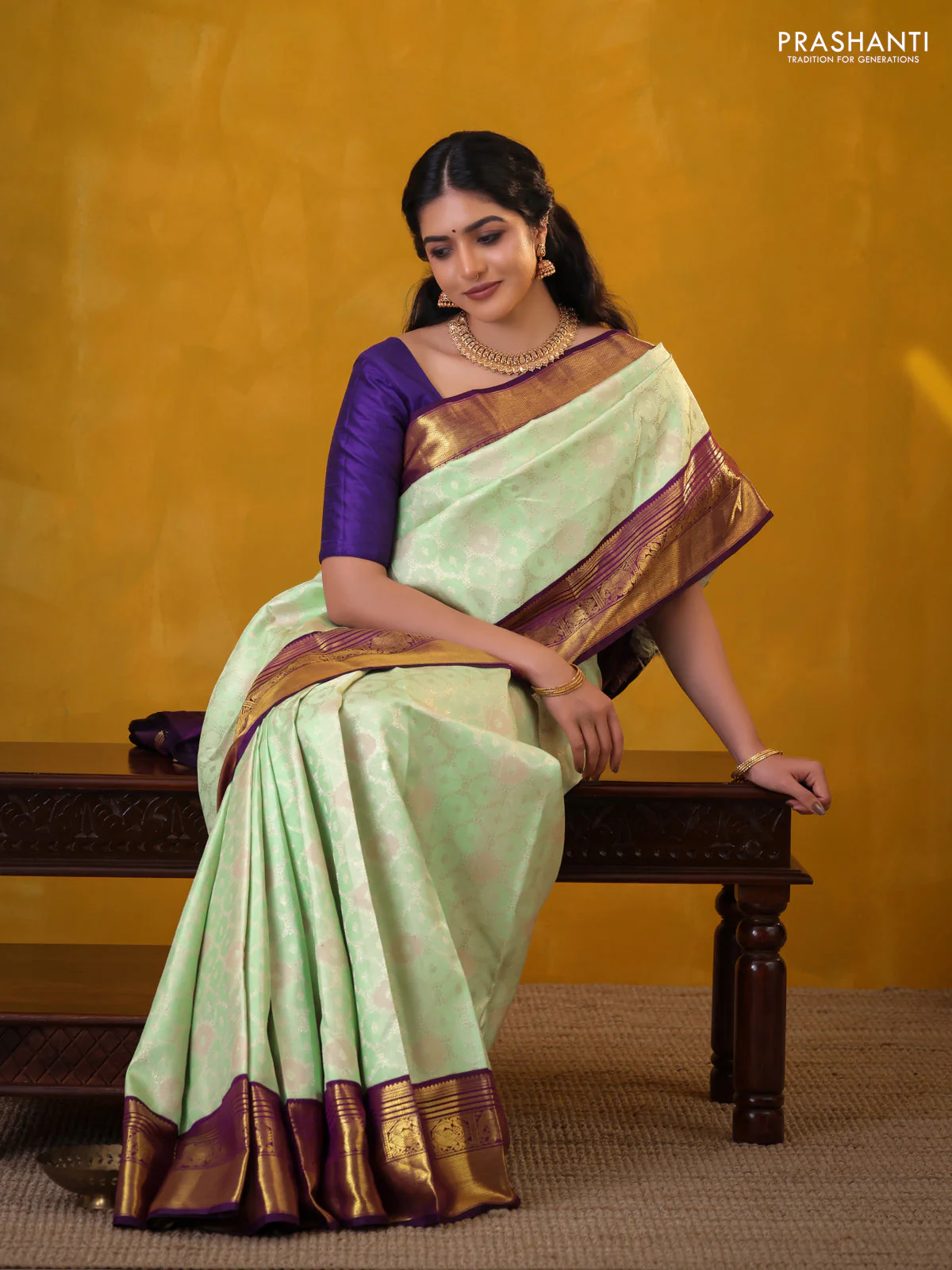 Pista Green-Violet Pure Kanchipuram Silk Saree With Allover Silver zari woven Brocade weaves - Image 2