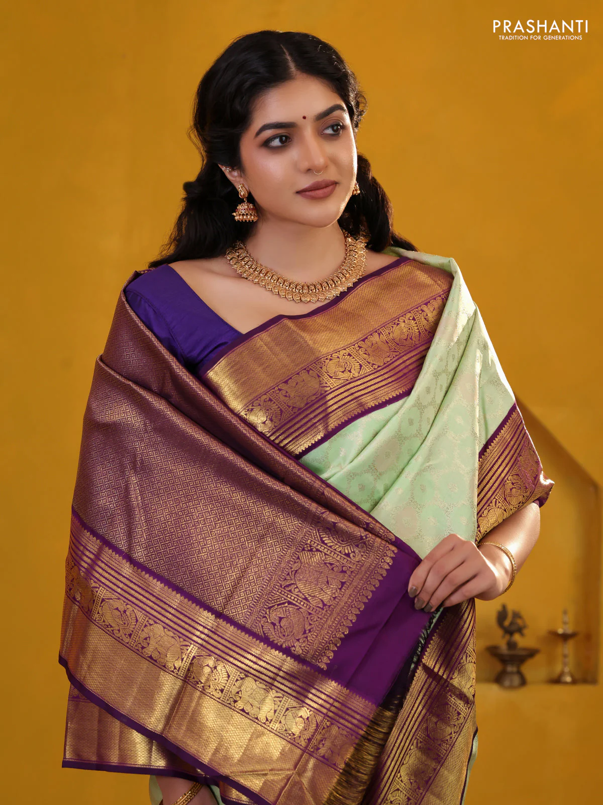 Pista Green-Violet Pure Kanchipuram Silk Saree With Allover Silver zari woven Brocade weaves - Image 4