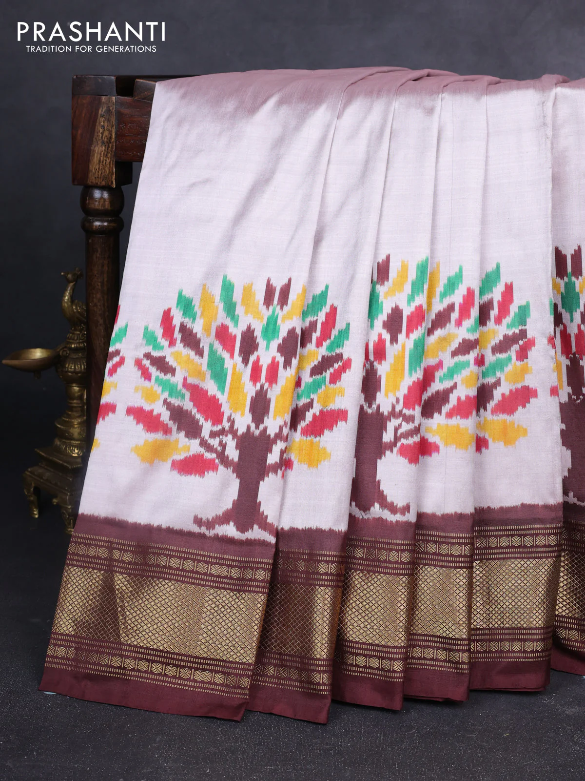 Pochampally silk saree beige and coffee brown with plain body and zari woven border
