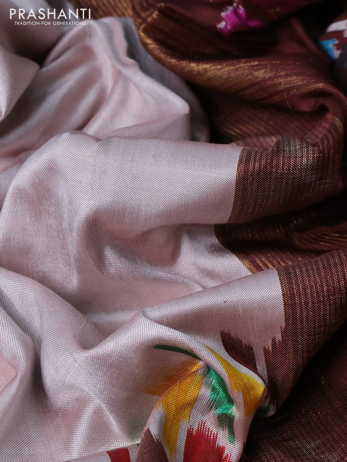 Pochampally silk saree beige and coffee brown with plain body and zari woven border - Image 3