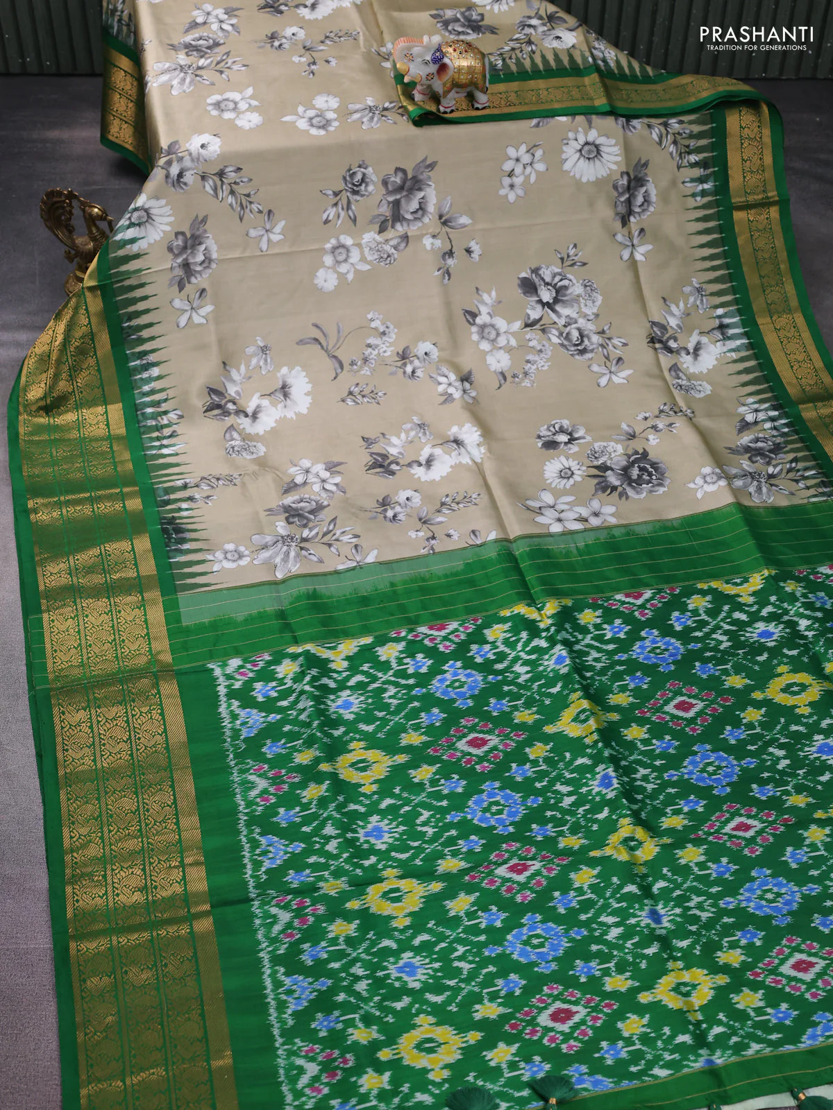 Pochampally silk saree beige and green with allover floral digital prints and temple design annam zari woven border - Image 2