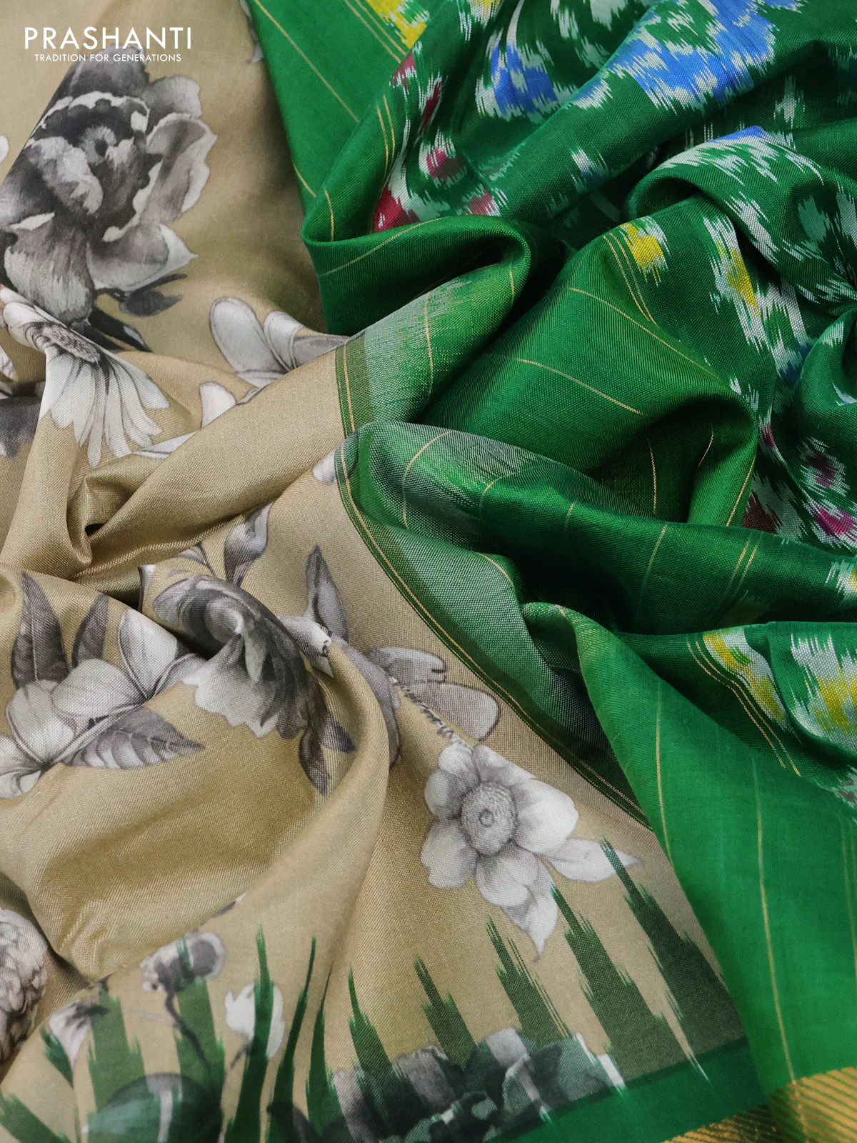 Pochampally silk saree beige and green with allover floral digital prints and temple design annam zari woven border - Image 3