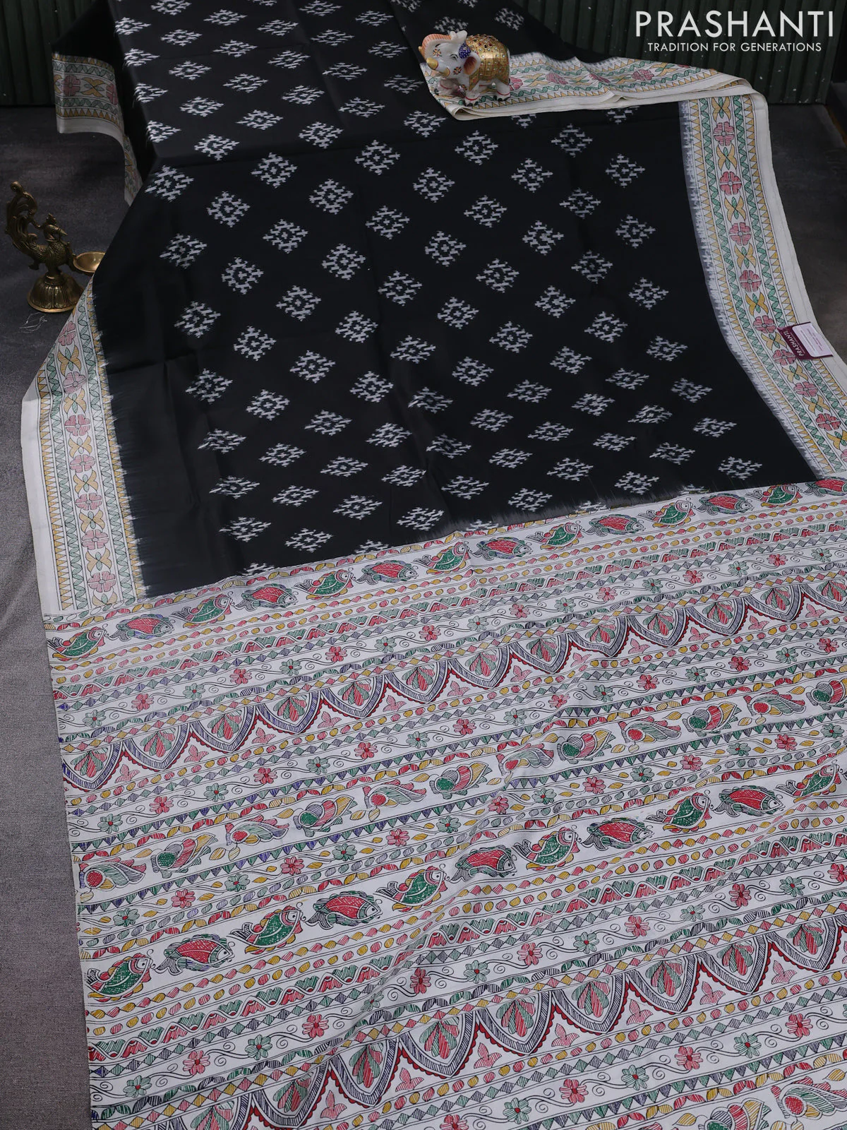 Pochampally silk saree black and cream with allover ikat woven buttas and madhubani prints - Image 2
