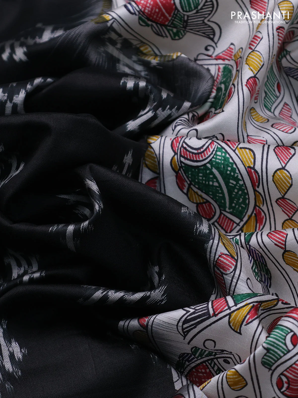 Pochampally silk saree black and cream with allover ikat woven buttas and madhubani prints - Image 3