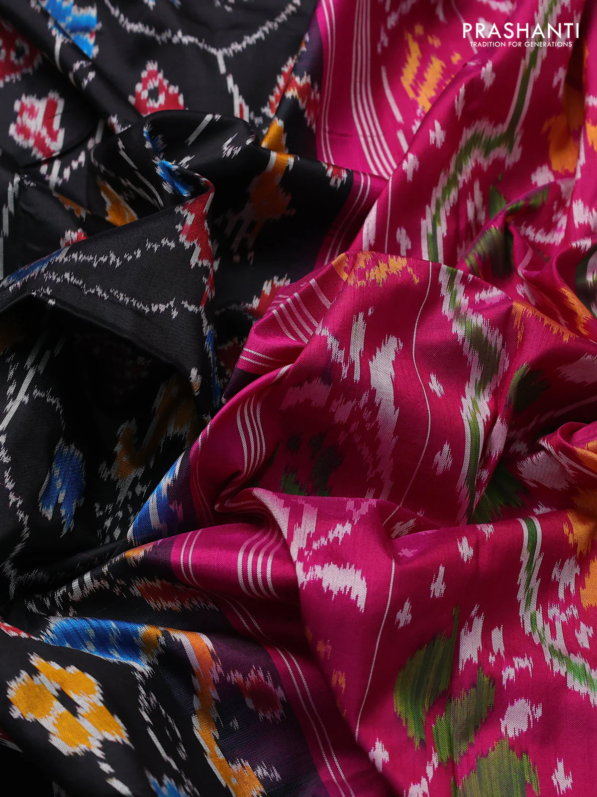 Pochampally silk saree black and pink with allover ikat weaves and rettapet border - Image 3