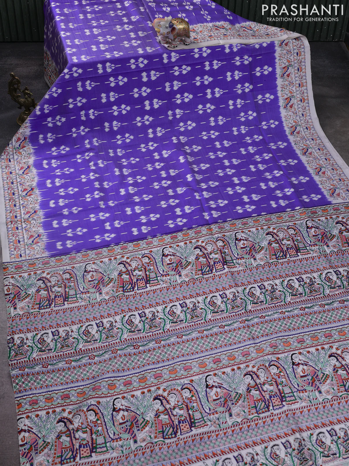 Pochampally silk saree blue and cream with allover ikat weaves and madhubani prints - Image 2