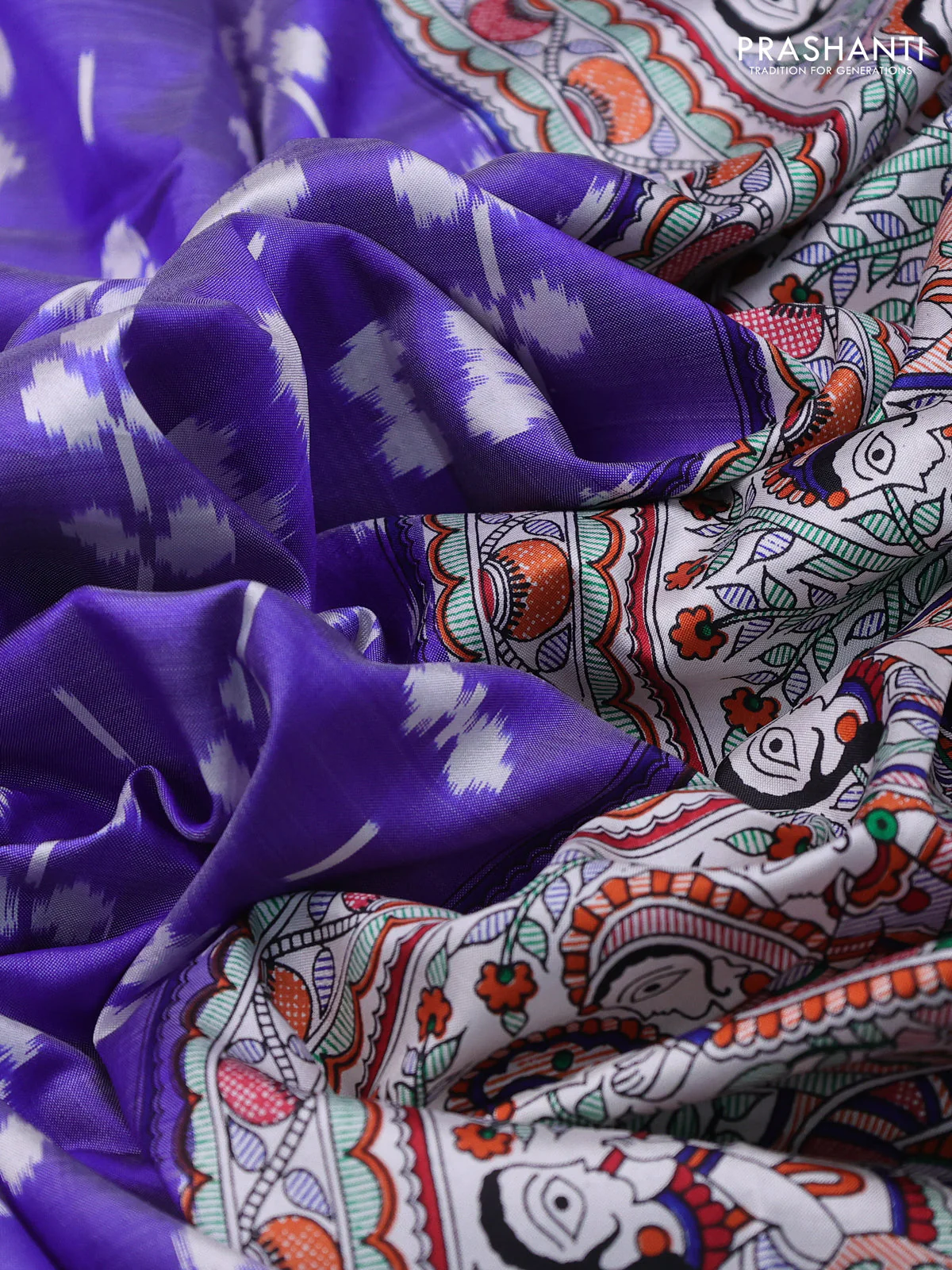Pochampally silk saree blue and cream with allover ikat weaves and madhubani prints - Image 3