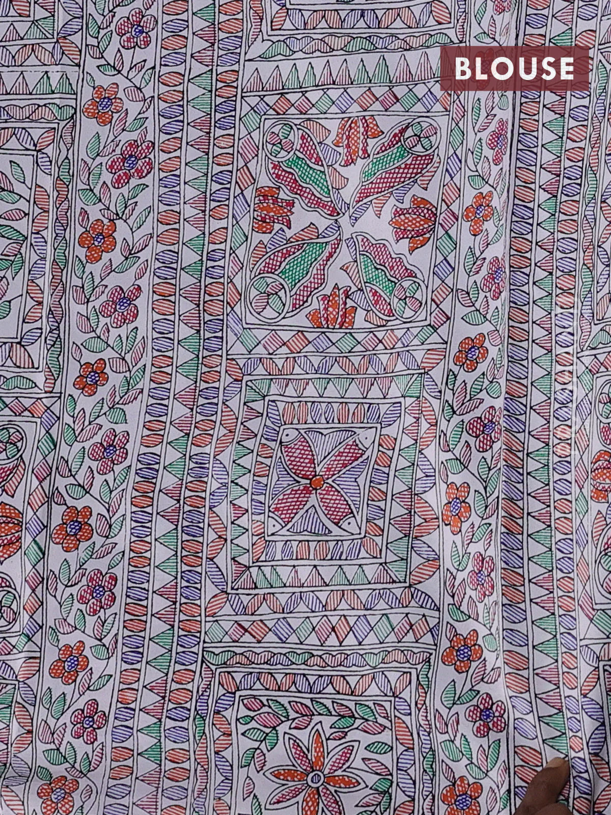Pochampally silk saree blue and cream with allover ikat weaves and madhubani prints - Image 4