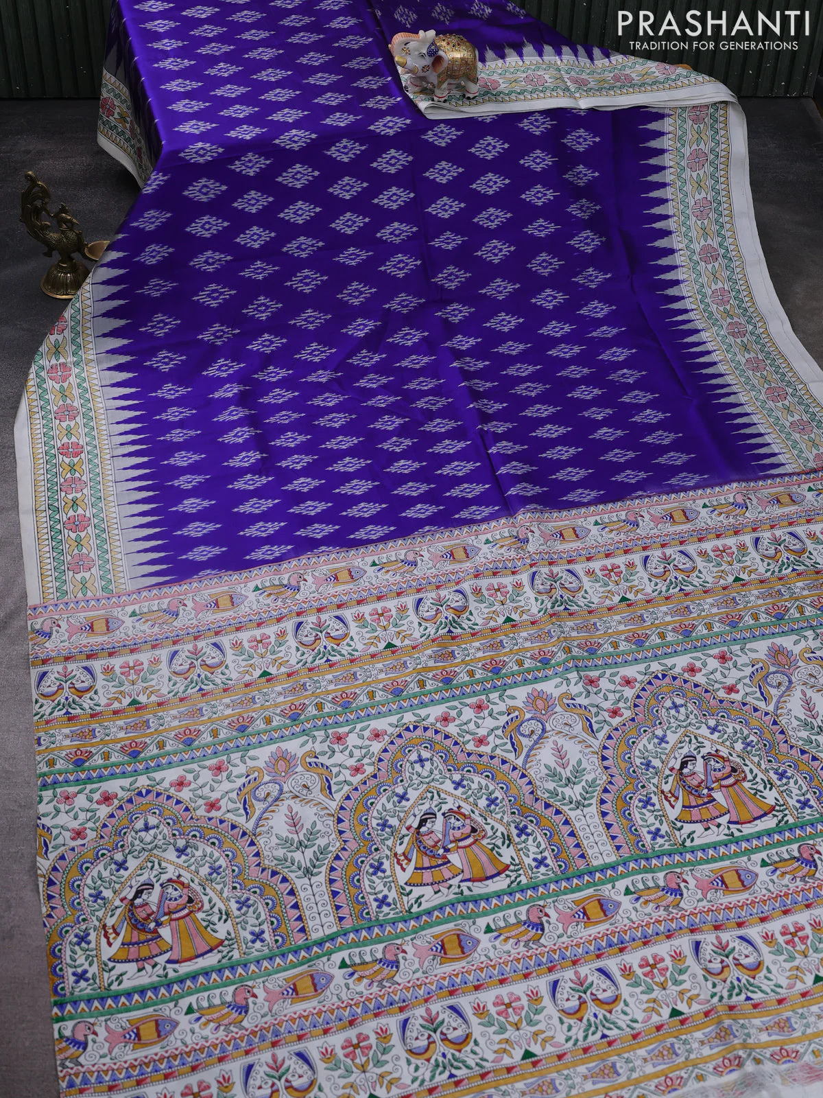 Pochampally silk saree blue and cream with allover ikat woven buttas and madhubani prints - Image 2