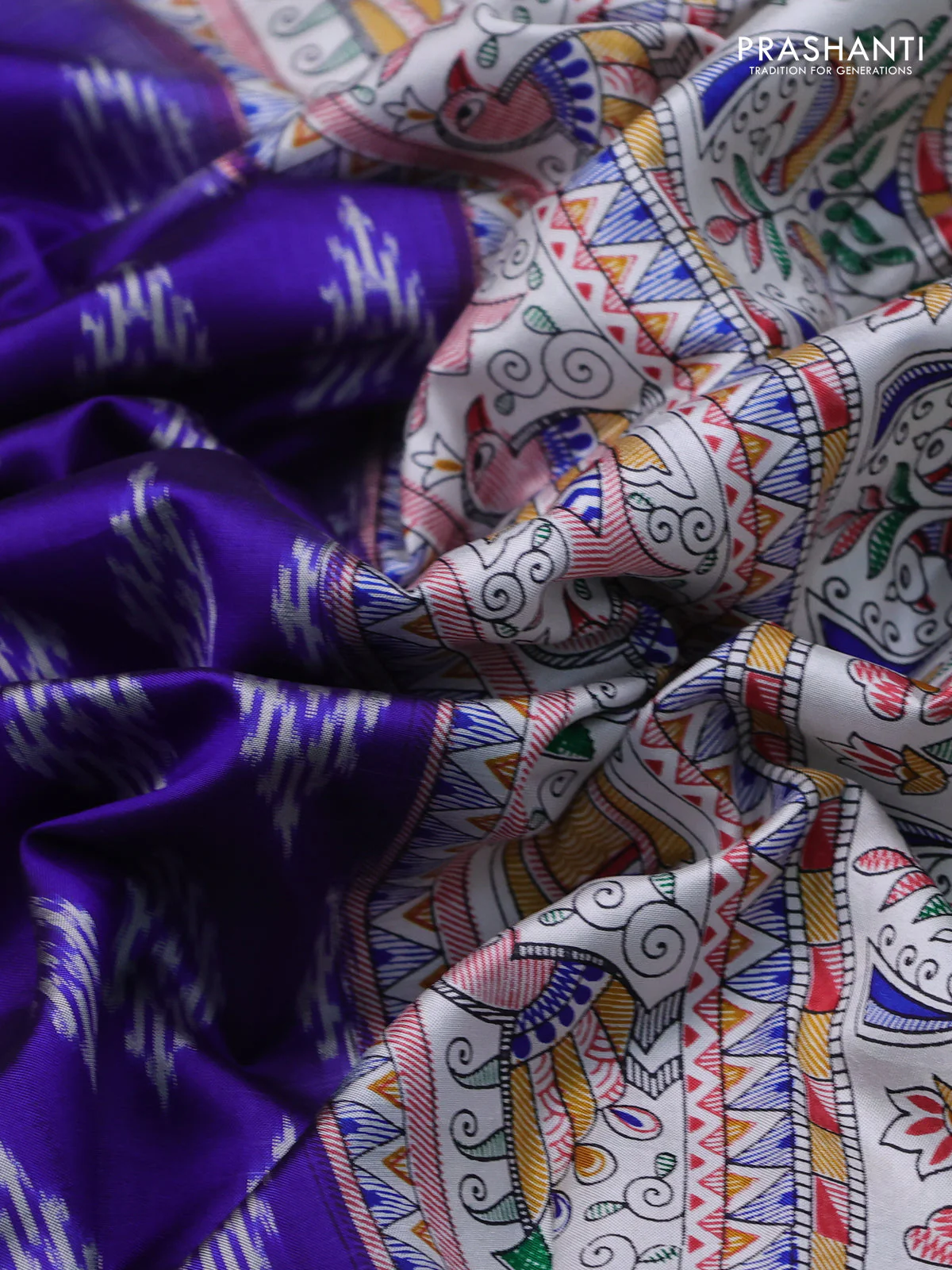 Pochampally silk saree blue and cream with allover ikat woven buttas and madhubani prints - Image 3