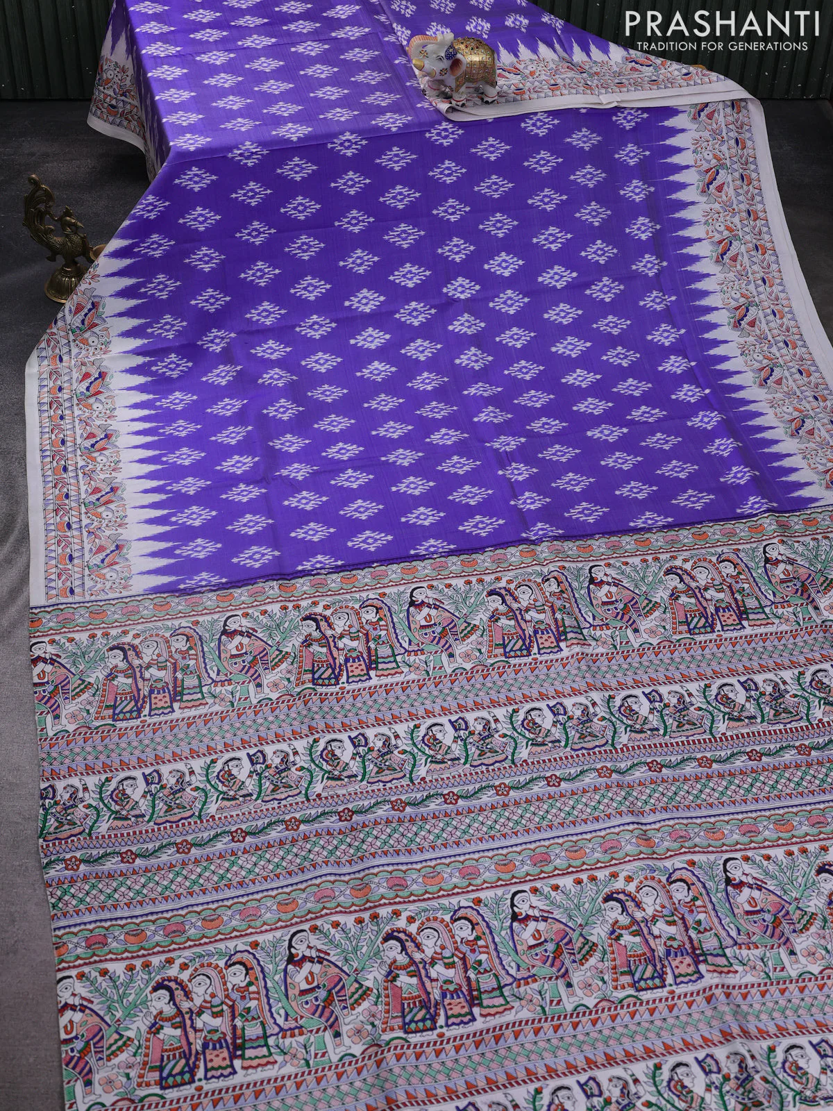 Pochampally silk saree blue and cream with allover ikat woven buttas and madhubani prints - Image 2