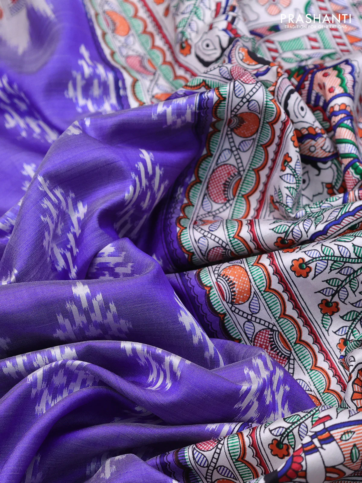 Pochampally silk saree blue and cream with allover ikat woven buttas and madhubani prints - Image 3