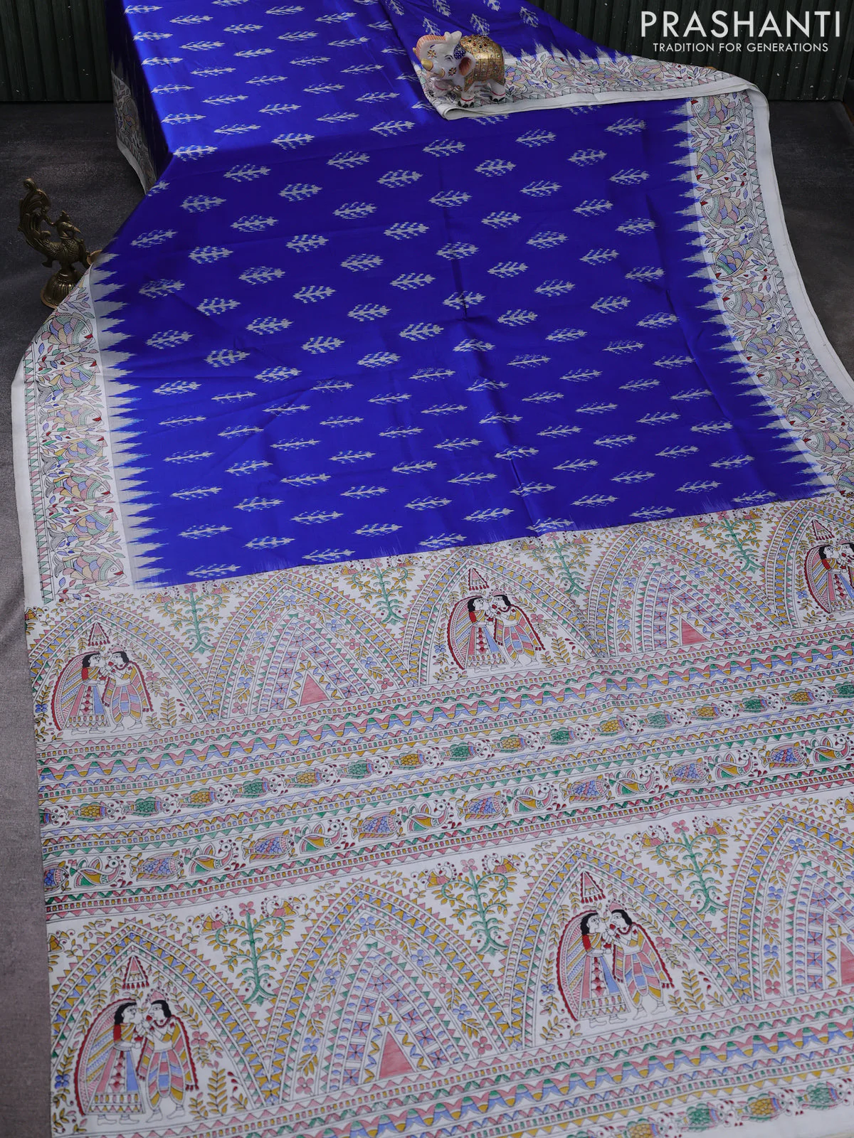 Pochampally silk saree blue and cream with allover ikat woven buttas and madhubani prints - Image 2
