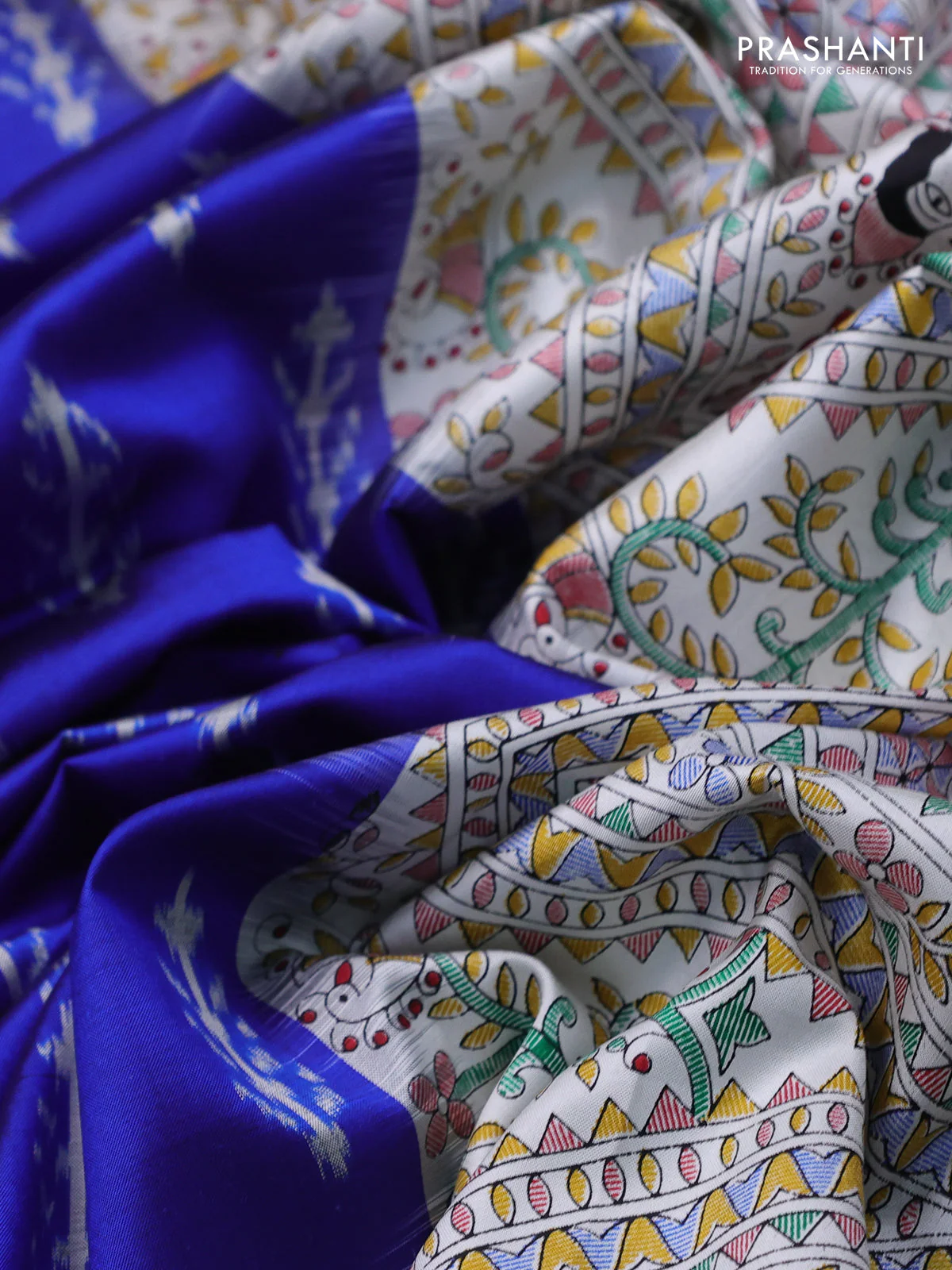 Pochampally silk saree blue and cream with allover ikat woven buttas and madhubani prints - Image 3