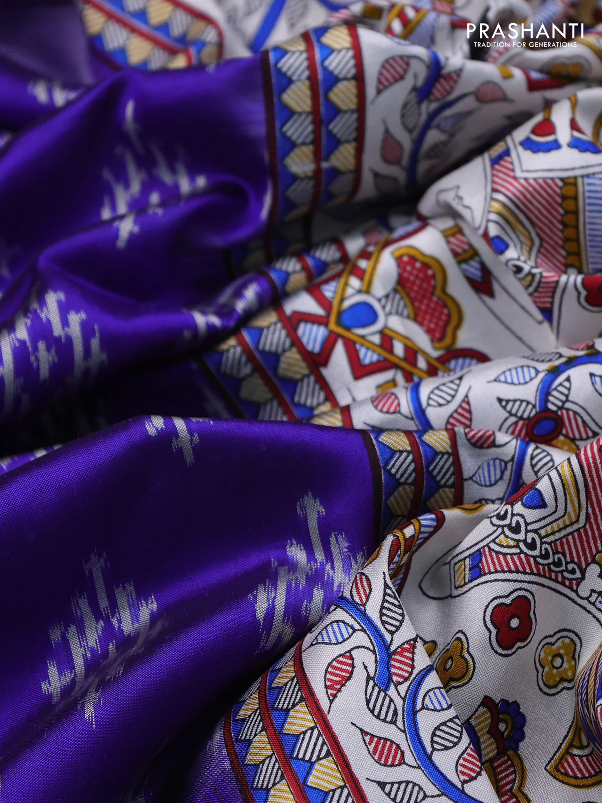 Pochampally silk saree blue and off white with allover ikat woven buttas and madhubani prints - Image 3