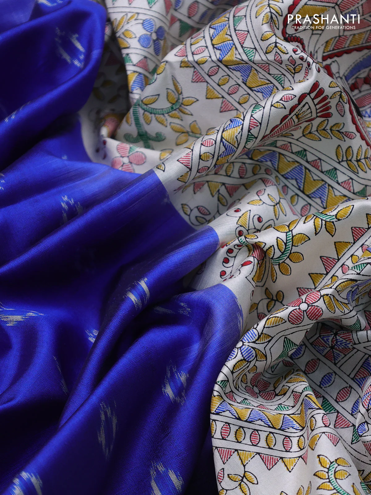 Pochampally silk saree blue and off white with allover ikat woven buttas and madhubani prints - Image 3