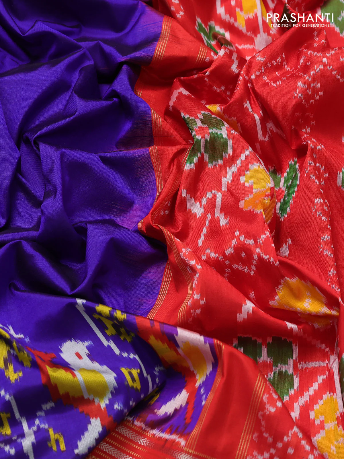 Pochampally silk saree blue and orange with plain body andlong ikat woven zari border - Image 3