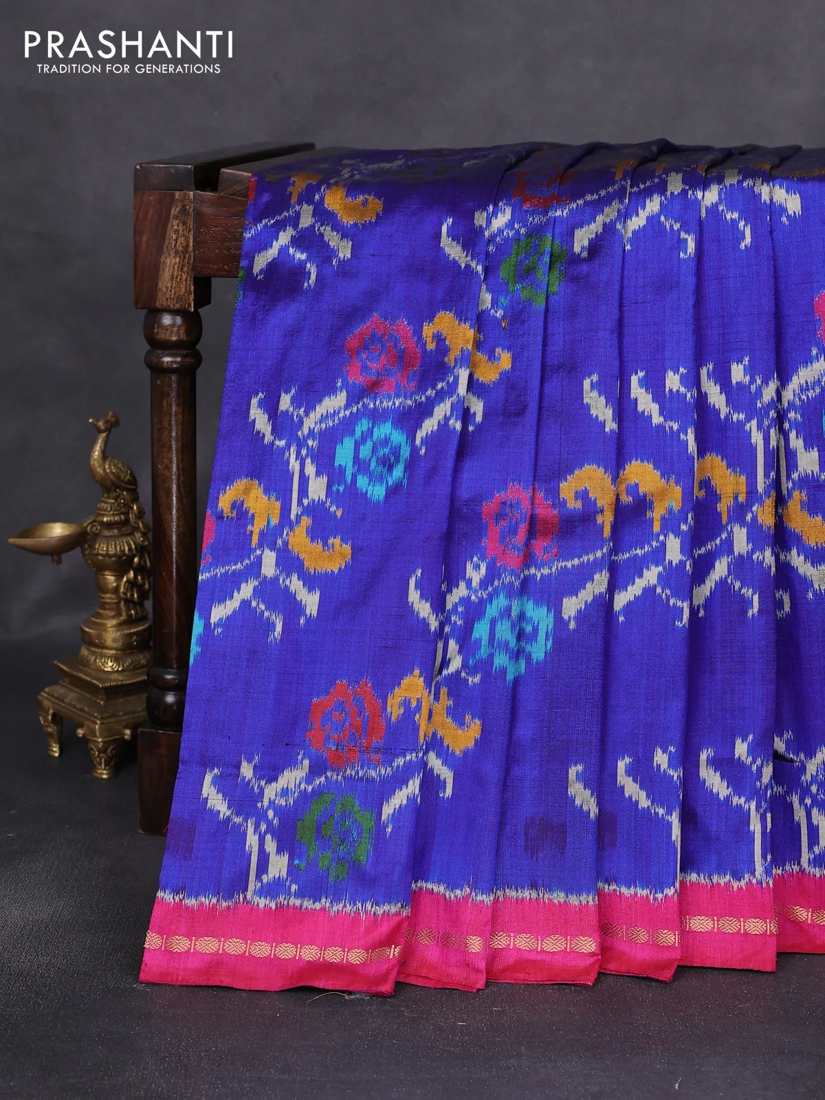 Pochampally silk saree blue and pink with allover ikat prints and zari woven border
