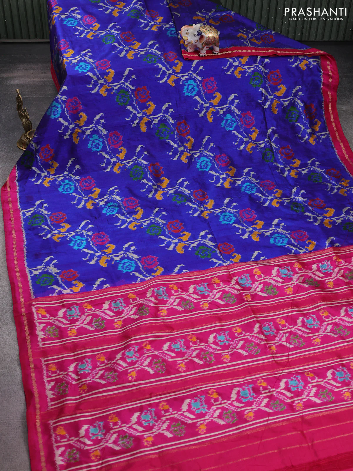 Pochampally silk saree blue and pink with allover ikat prints and zari woven border - Image 2