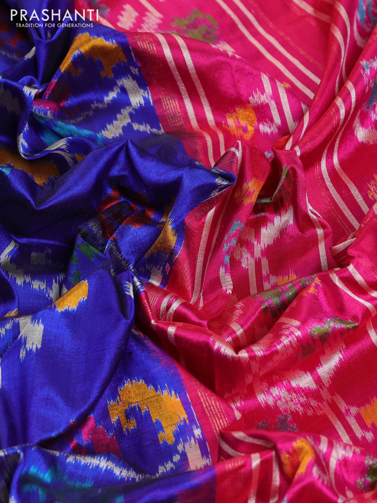 Pochampally silk saree blue and pink with allover ikat prints and zari woven border - Image 3