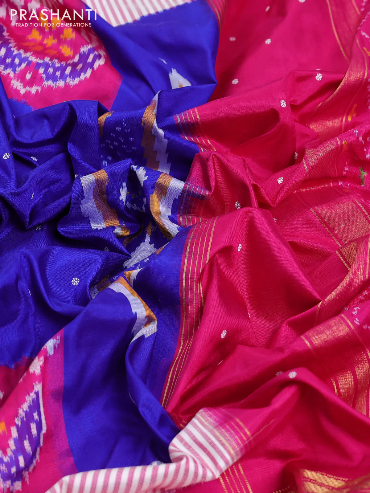 Pochampally silk saree blue and pink with allover ikat weaves & thread buttas and zari woven border - Image 3
