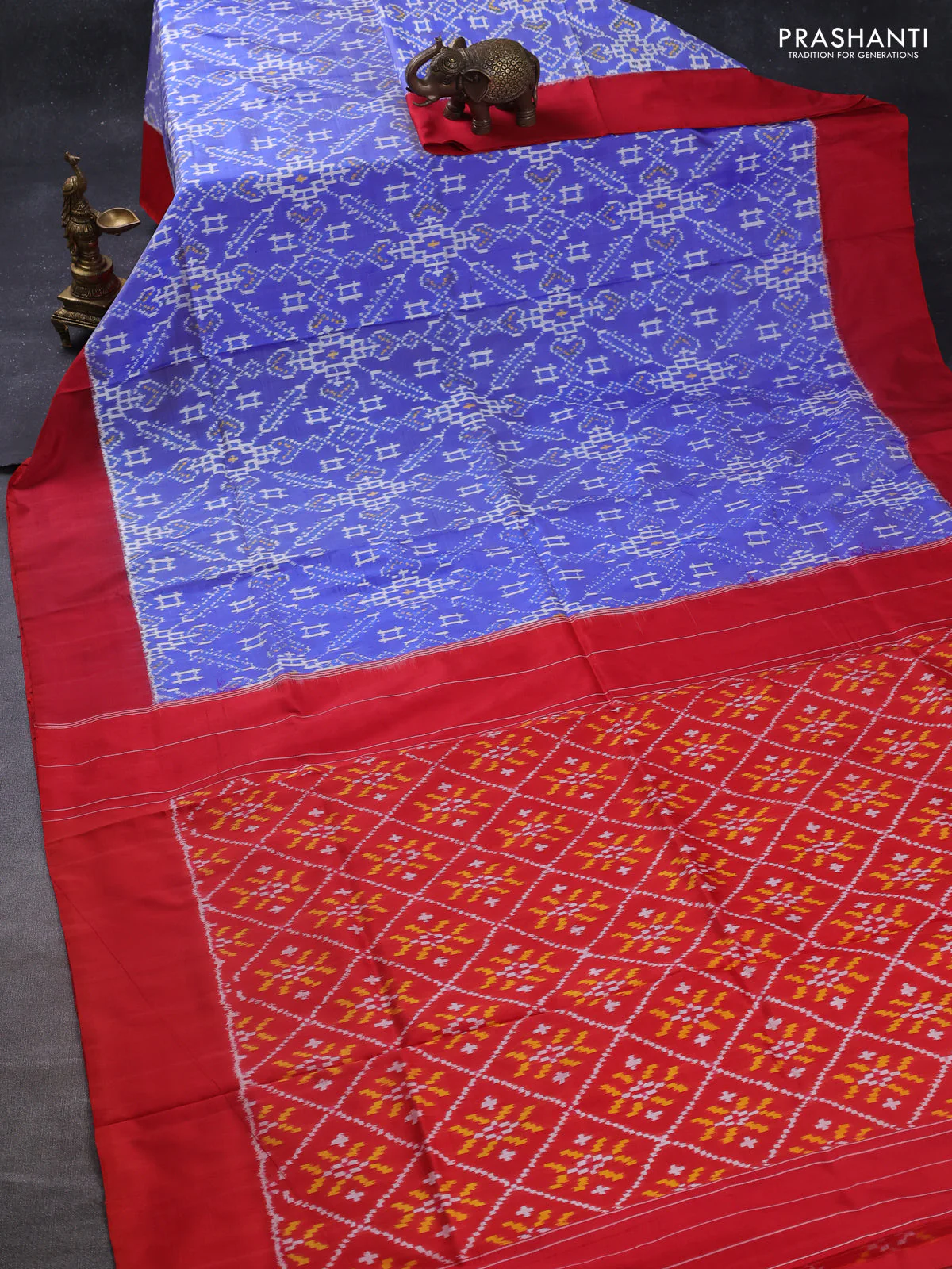 Pochampally silk saree blue and red with allover ikat weaves and simple border - Image 2