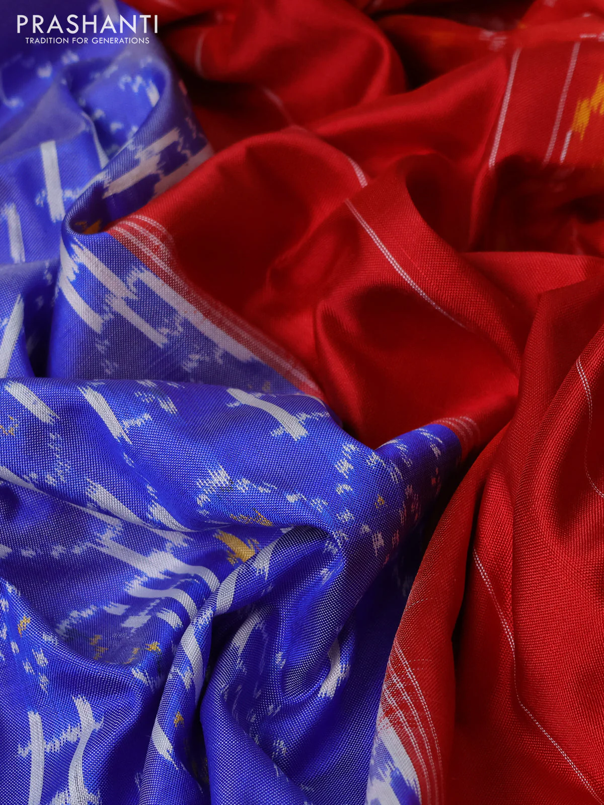 Pochampally silk saree blue and red with allover ikat weaves and simple border - Image 3