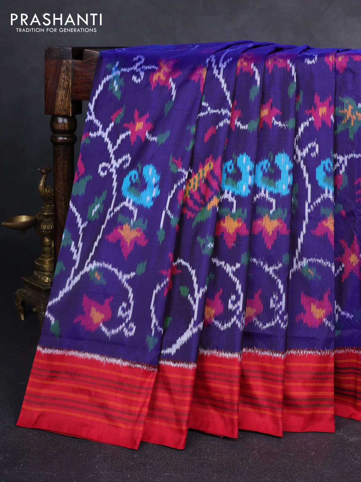 Pochampally silk saree blue and red with allover ikat weaves and simple border