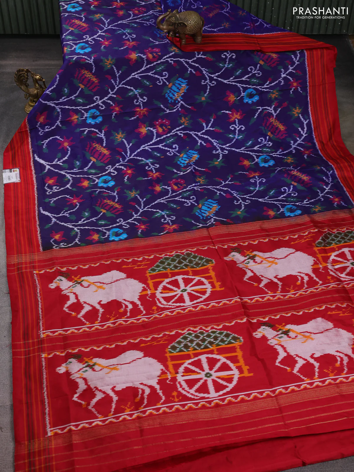Pochampally silk saree blue and red with allover ikat weaves and simple border - Image 2