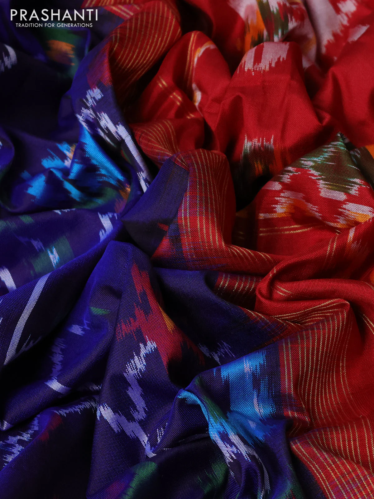 Pochampally silk saree blue and red with allover ikat weaves and simple border - Image 3