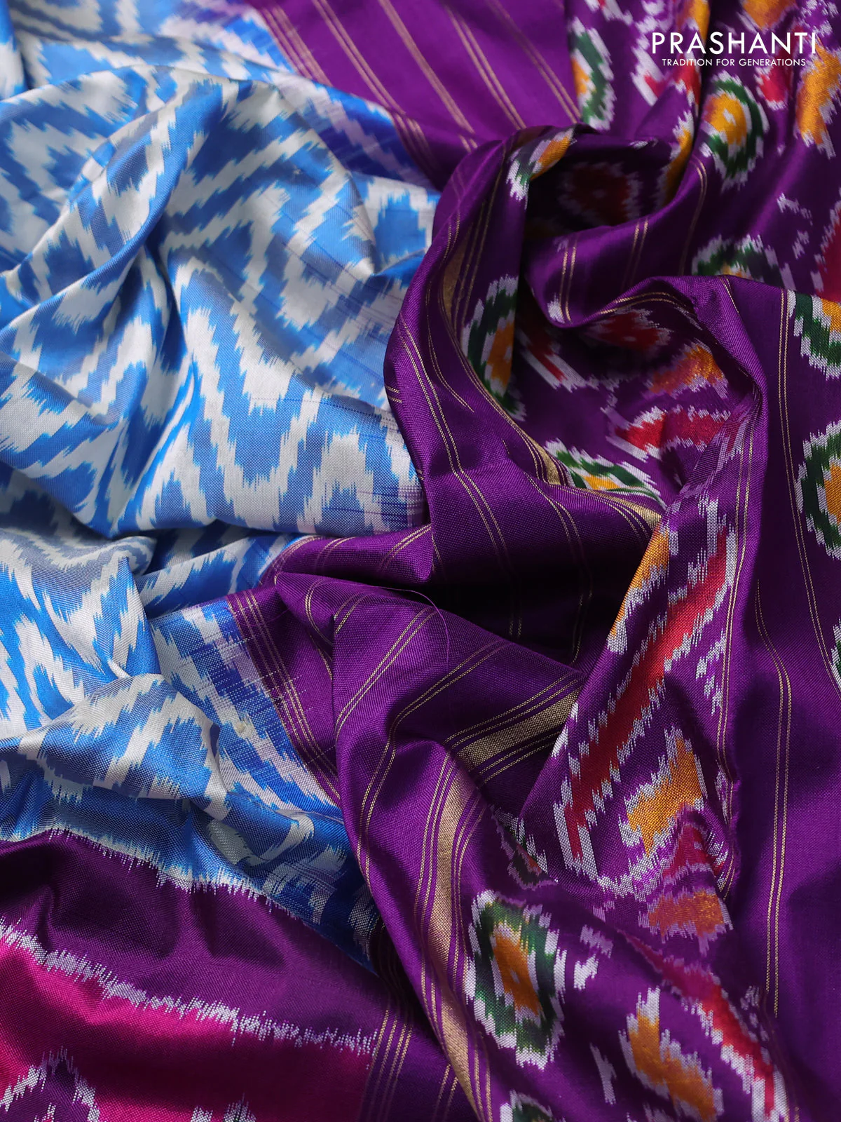 Pochampally silk saree blue off white and purple with allover zig zag ikat weaves and long ikat woven zari border - Image 3