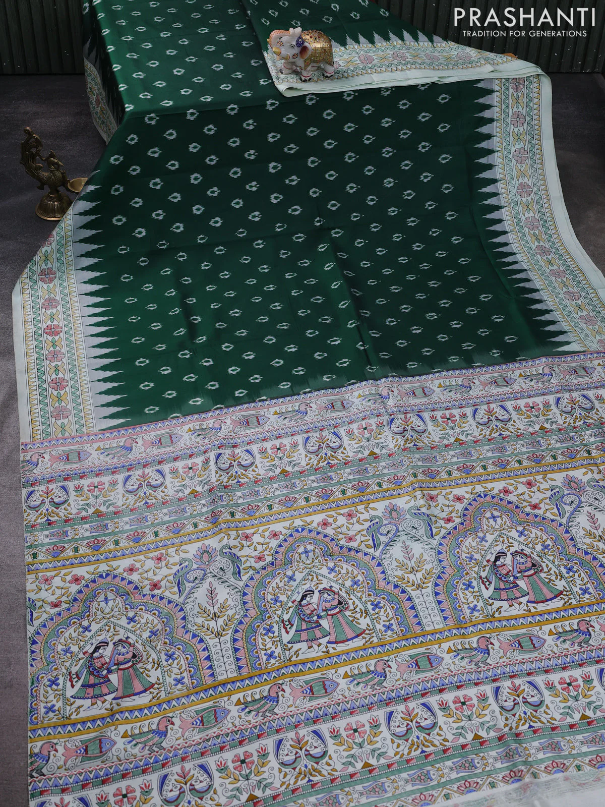 Pochampally silk saree bottle green and cream with allover ikat woven buttas and madhubani prints - Image 2