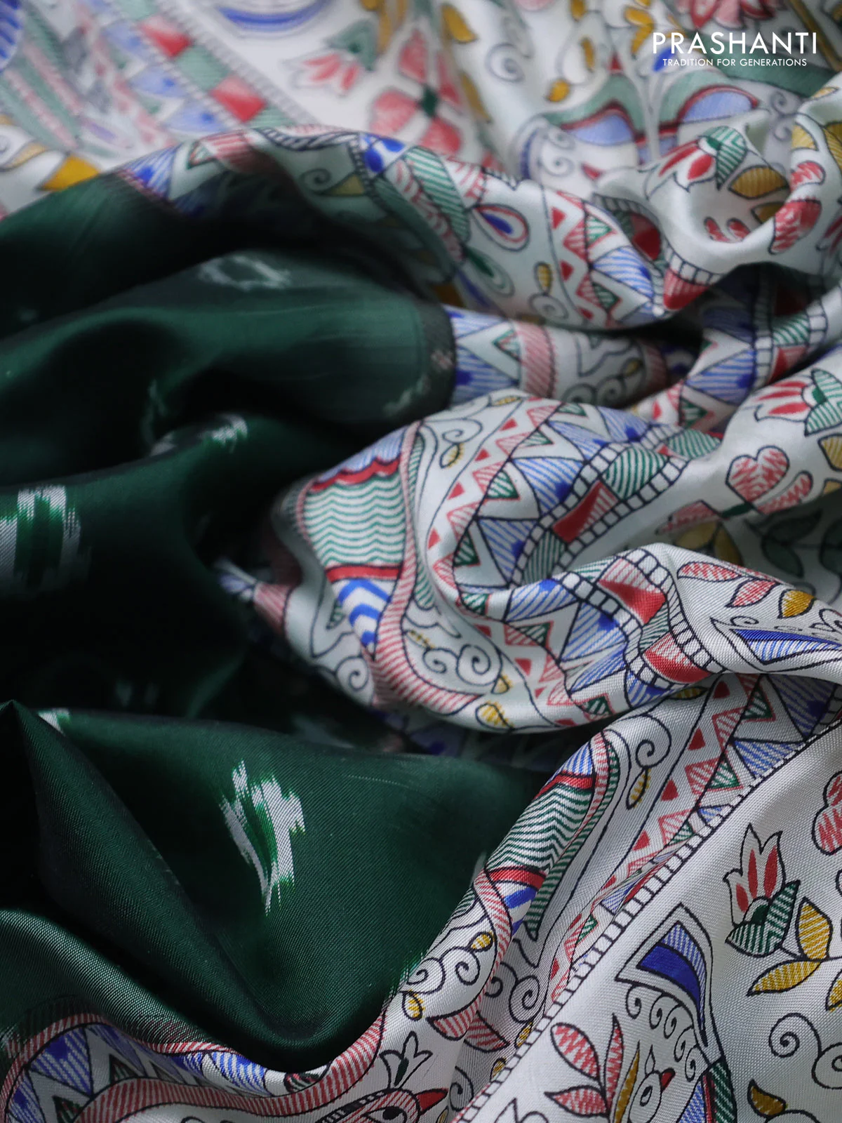 Pochampally silk saree bottle green and cream with allover ikat woven buttas and madhubani prints - Image 3