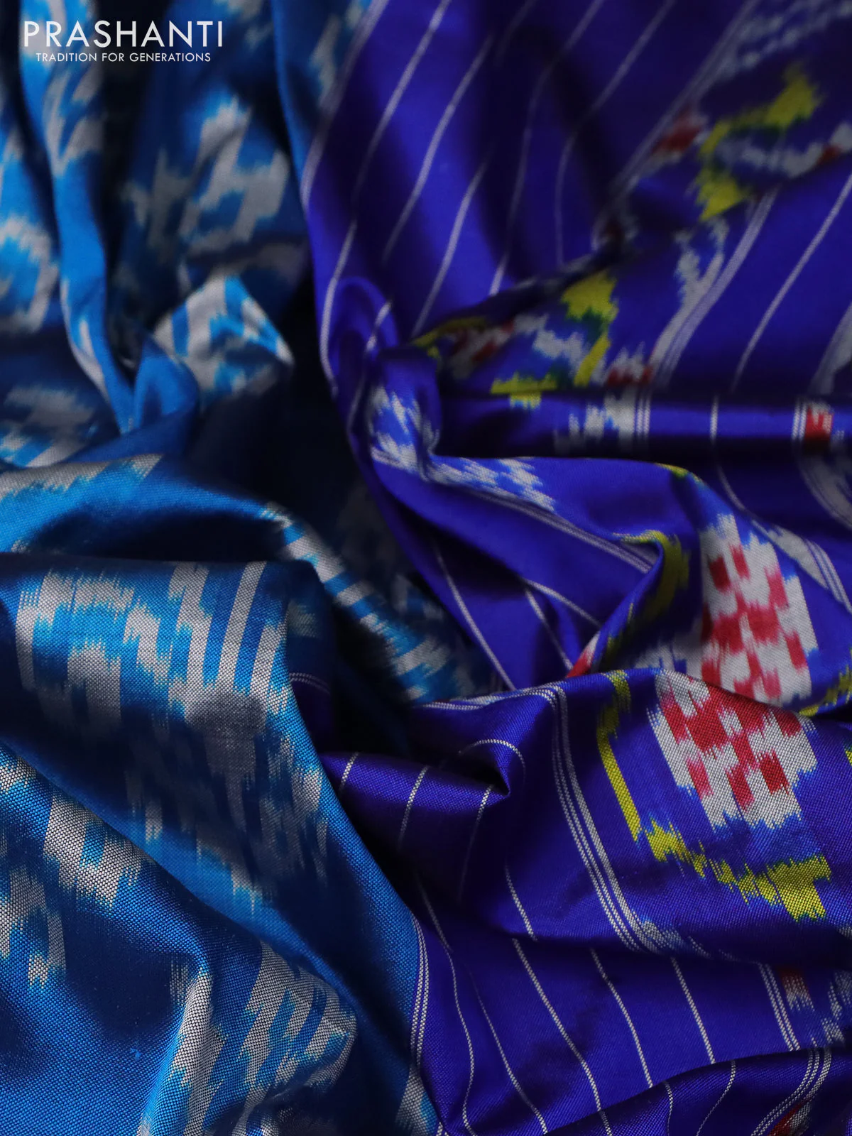 Pochampally silk saree cs blue and blue with allover ikat butta weaves and rettapet woven border - Image 3