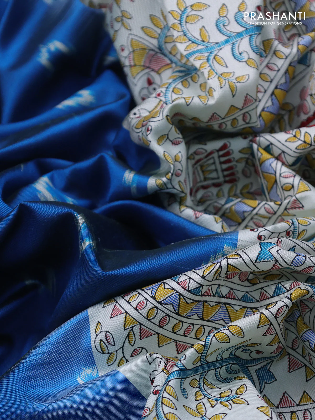 Pochampally silk saree cs blue and cream with allover ikat woven buttas and madhubani prints - Image 3